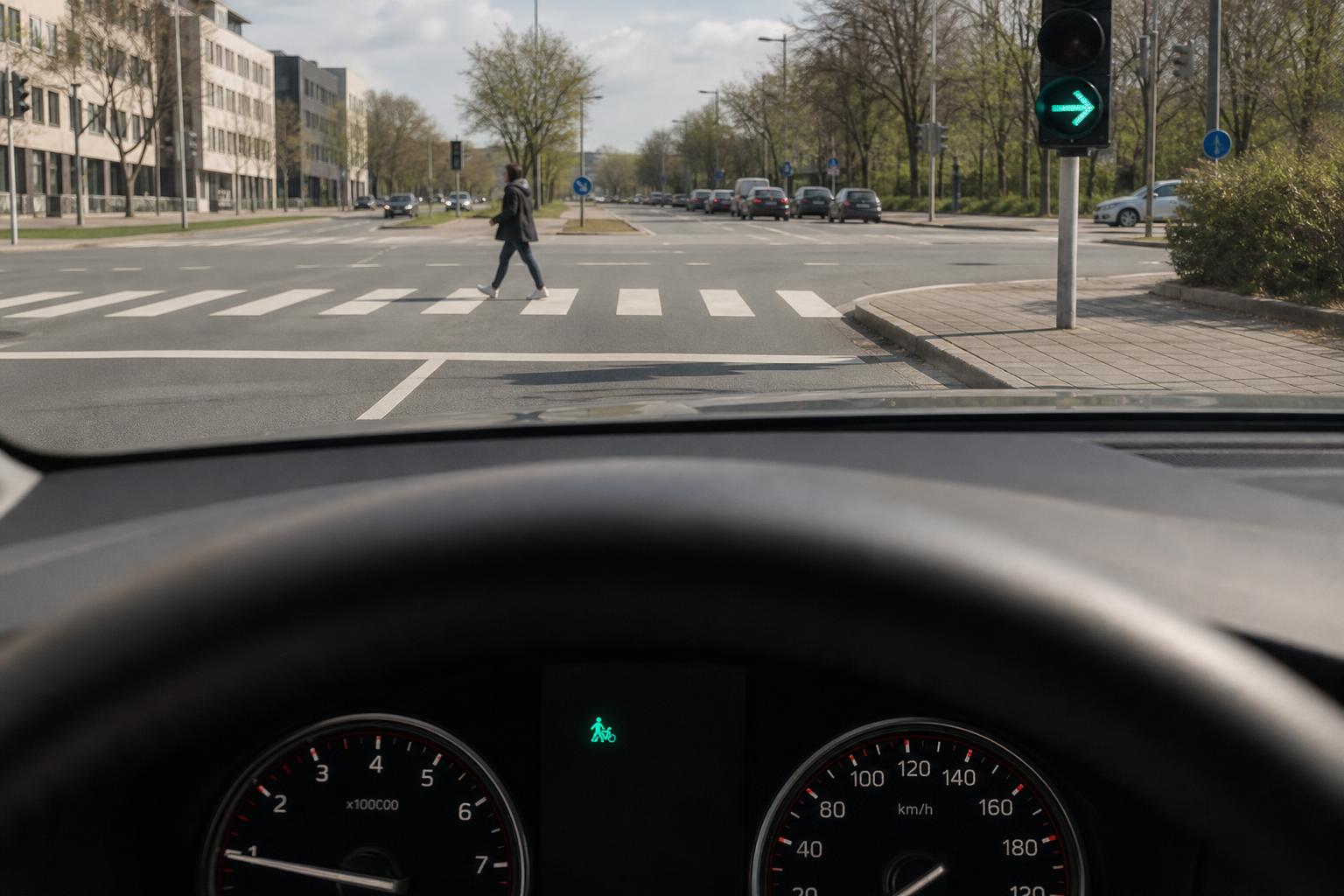 Kanyarodó autó útját keresztező gyalogos a zöld jelzésű kereszteződésben