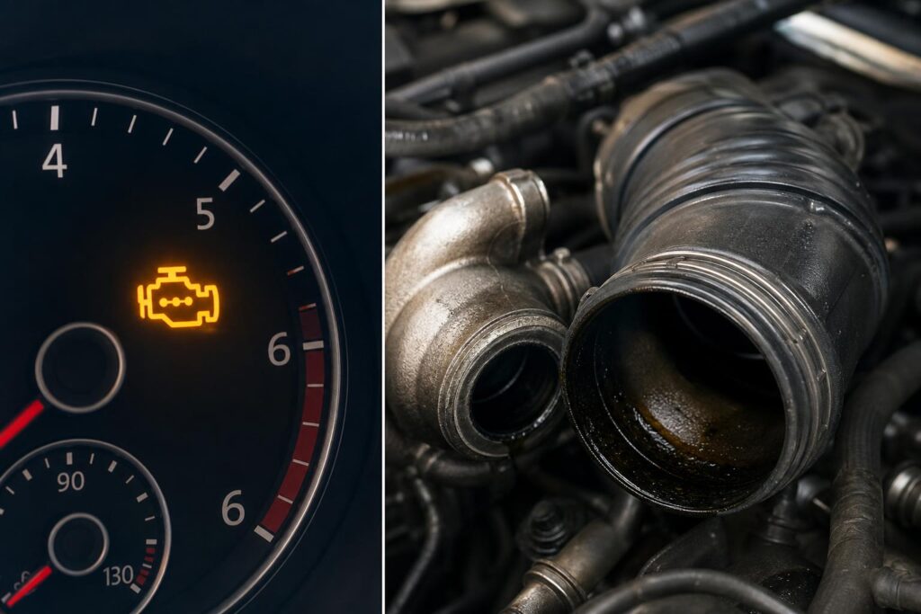 Olajpárával szennyezett szívócső és turbó előtti szívórendszer egy autó motorterében