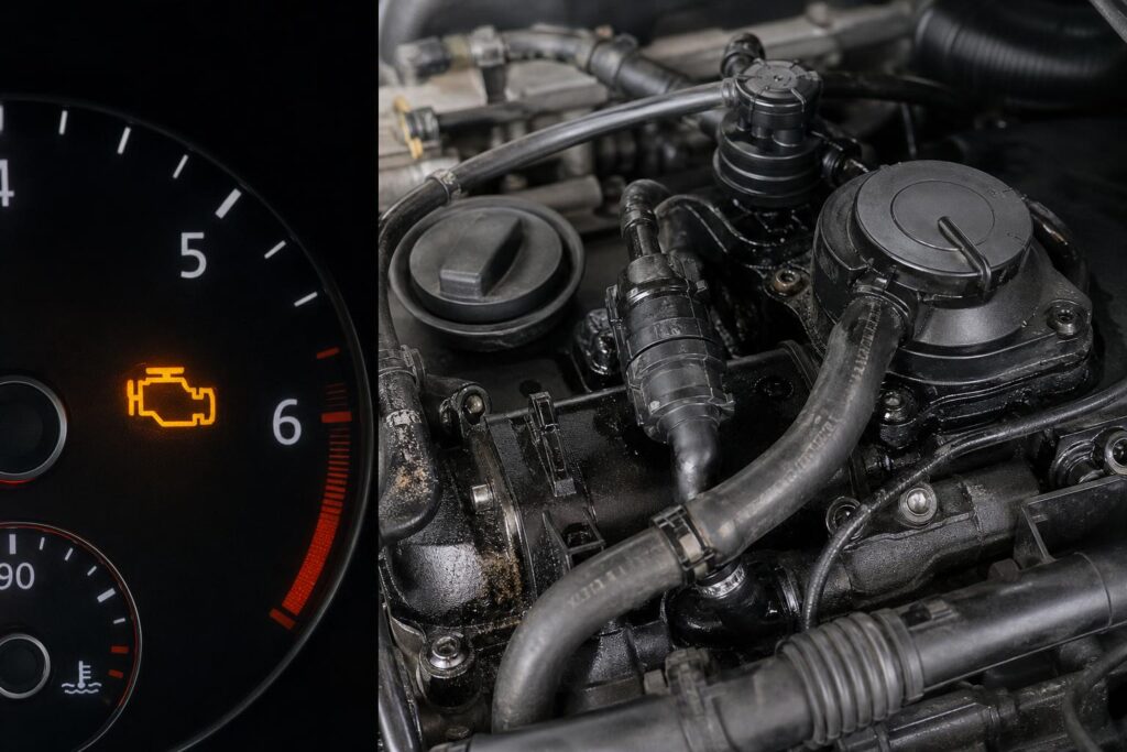 A motor kartergáz-szellőztető rendszere PCV-szeleppel, olajleválasztóval és csatlakozócsövekkel