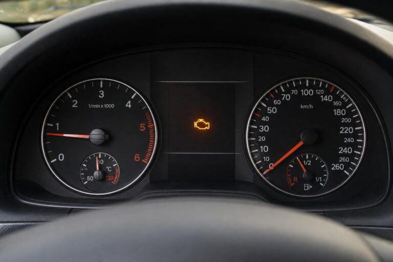 Autó műszerfala világító motorhiba-jelző ikonnal, katalizátorhibára utaló figyelmeztetésként