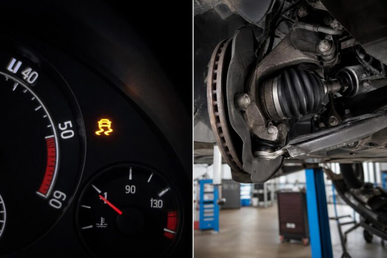 Autó első kereke és féltengelye vizsgálat közben, a motorféknél jelentkező rázás lehetséges okait bemutatva