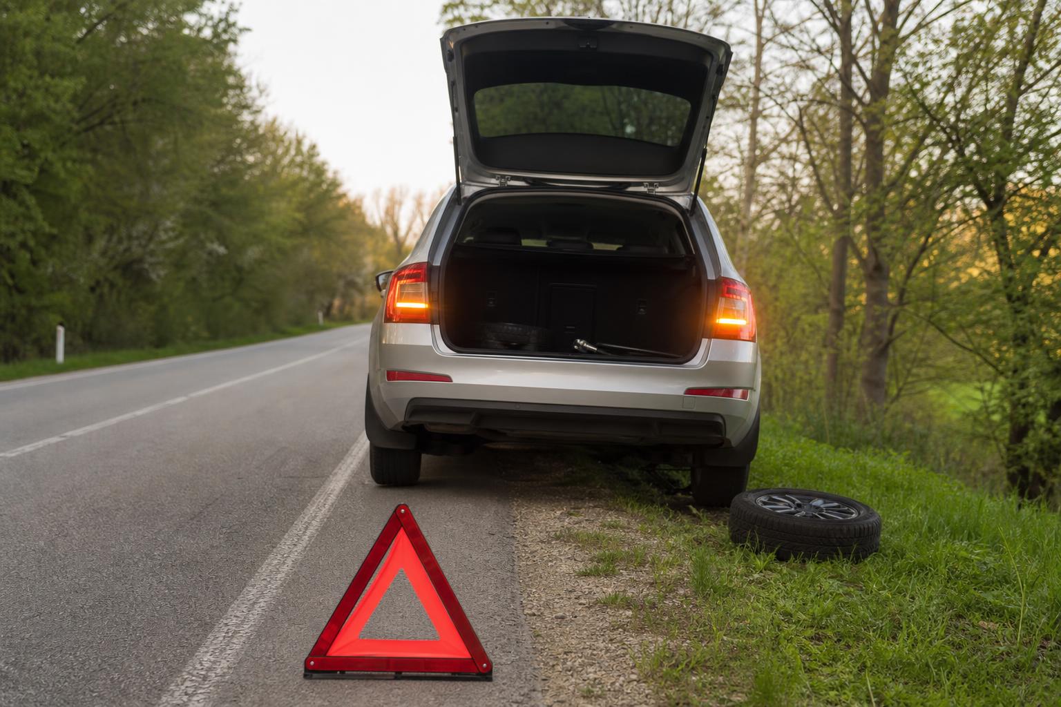 Biztonságosan az út szélén álló defektes autó vészvillogóval és kihelyezett elakadásjelző háromszöggel