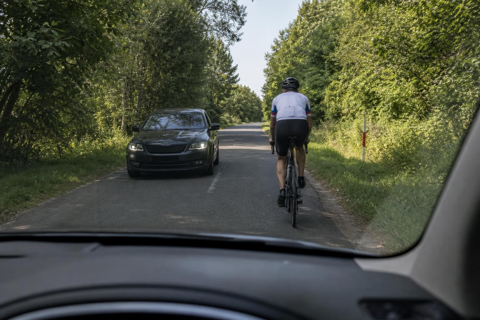 Kerékpáros halad egy szűk úton, ahol az autóvezetőnek a biztonságos elhaladásig várnia kell