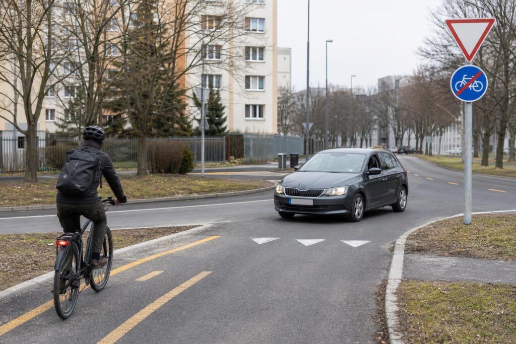 Kerékpárút vége, ahol a kerékpáros az úttestre csatlakozik és egy autó lassít