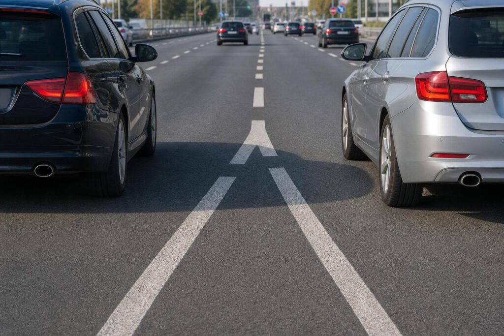 Két személyautó egyszerre sorolna ugyanabba a forgalmi sávba többsávos úton
