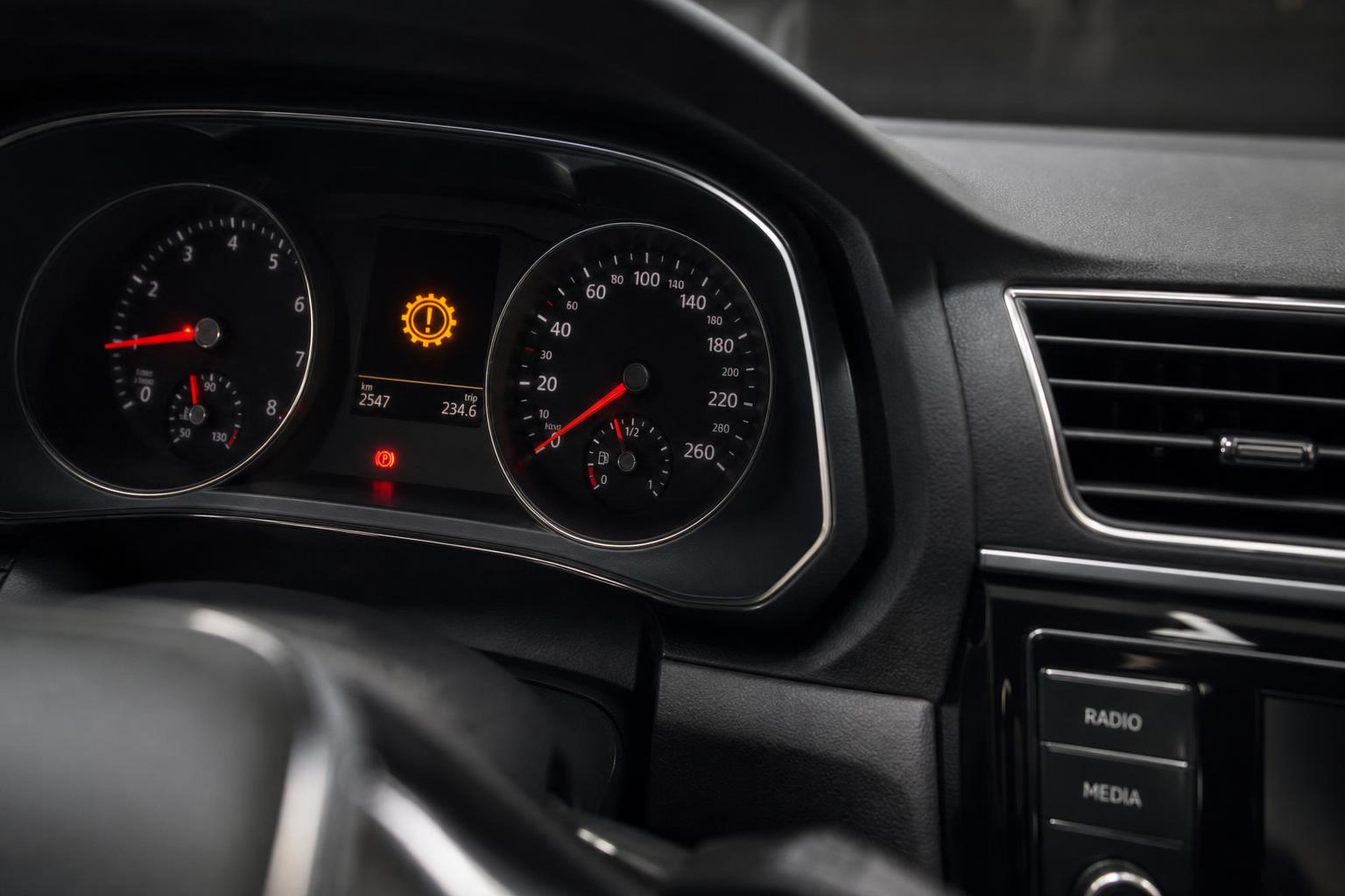 Meleg motorüzemnél rezonáló autó műszerfala és középkonzolja valósághű belső térben