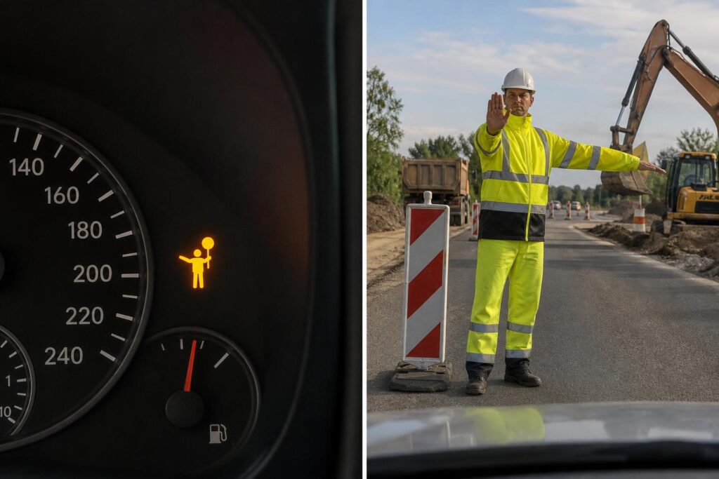 Forgalomirányító munkás kézi stop jelzést ad egy építkezés melletti úton