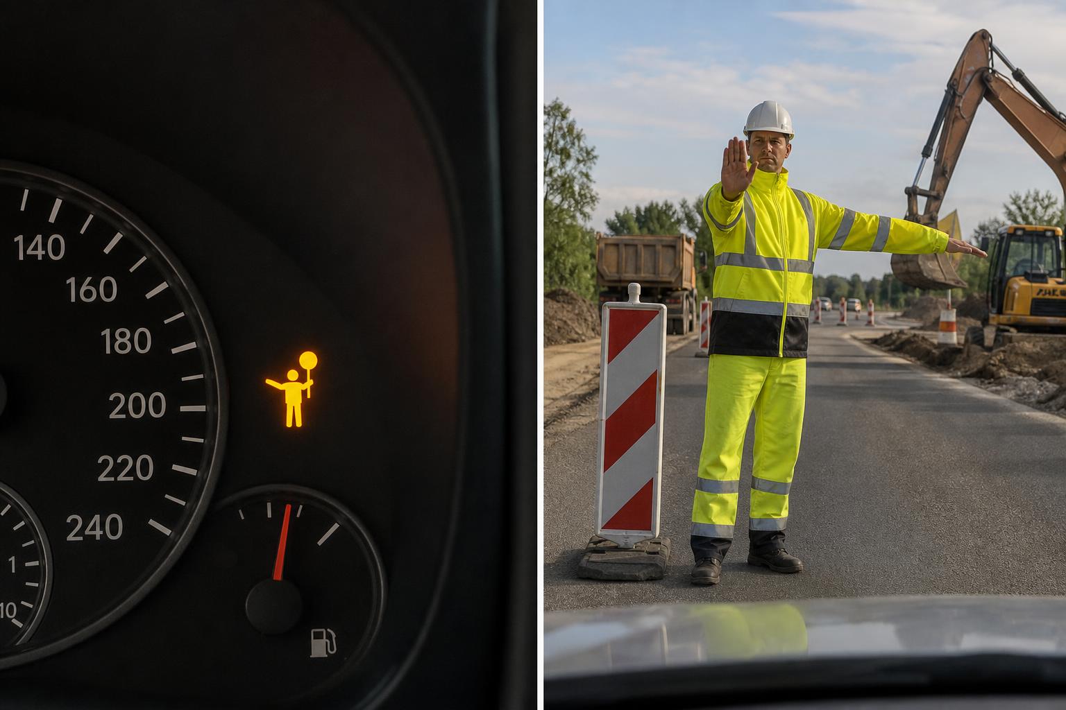 Forgalomirányító munkás kézi stop jelzést ad egy építkezés melletti úton