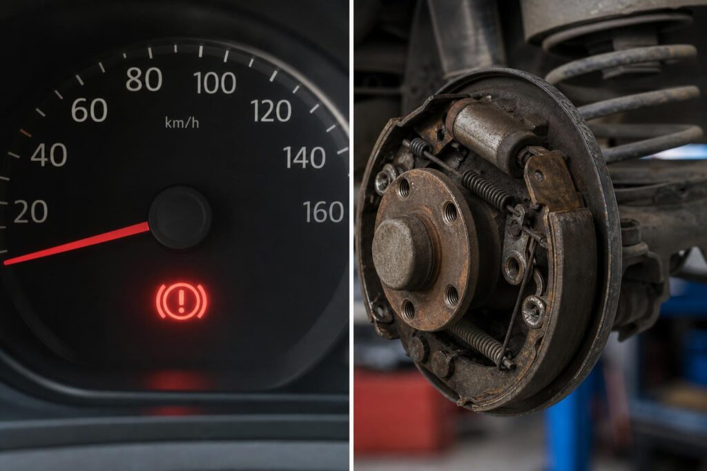 Autó hátsó fékszerkezete és a kézifék kissé korrodált mechanikája közelről