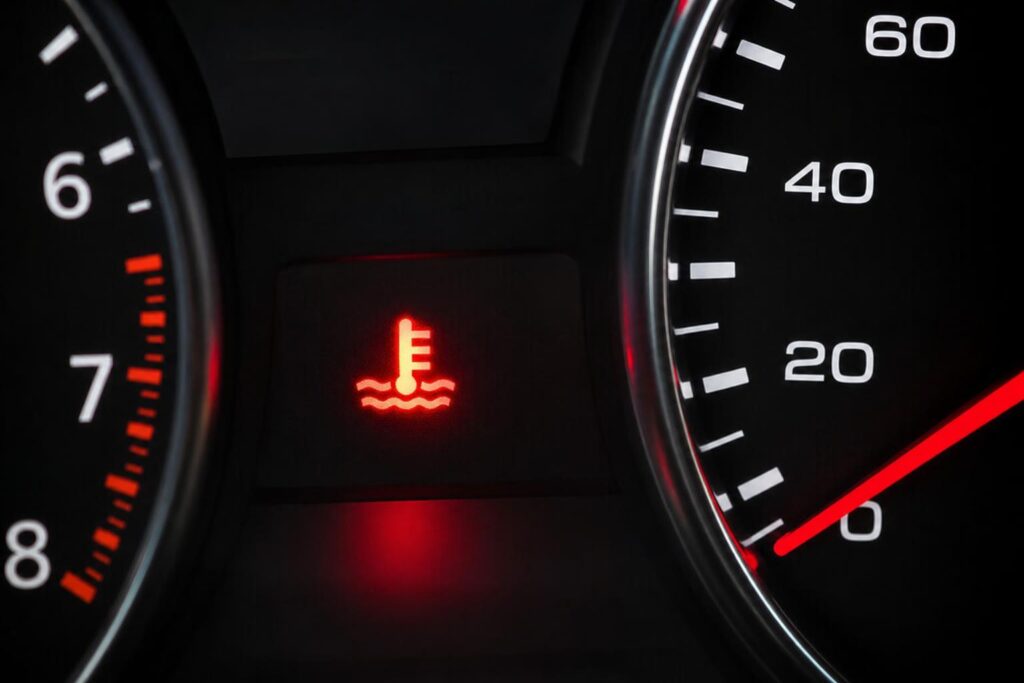 Autó műszerfala piros hűtőfolyadék- és motorhőmérséklet-figyelmeztető ikonnal