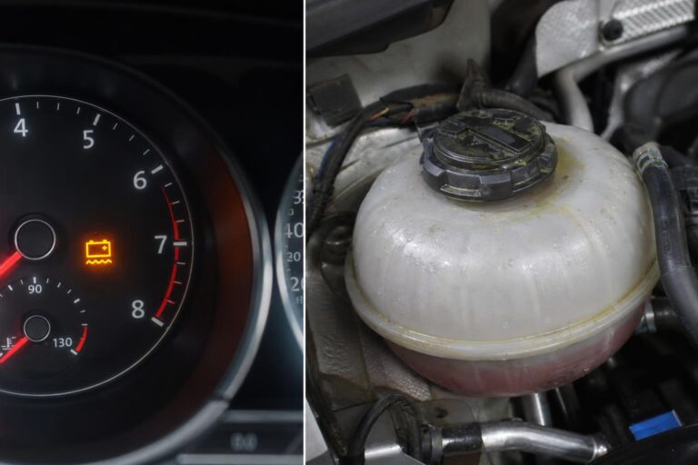 Kiegyenlítő tartály és sapkája hűtőfolyadék-maradvánnyal az autó motorterében