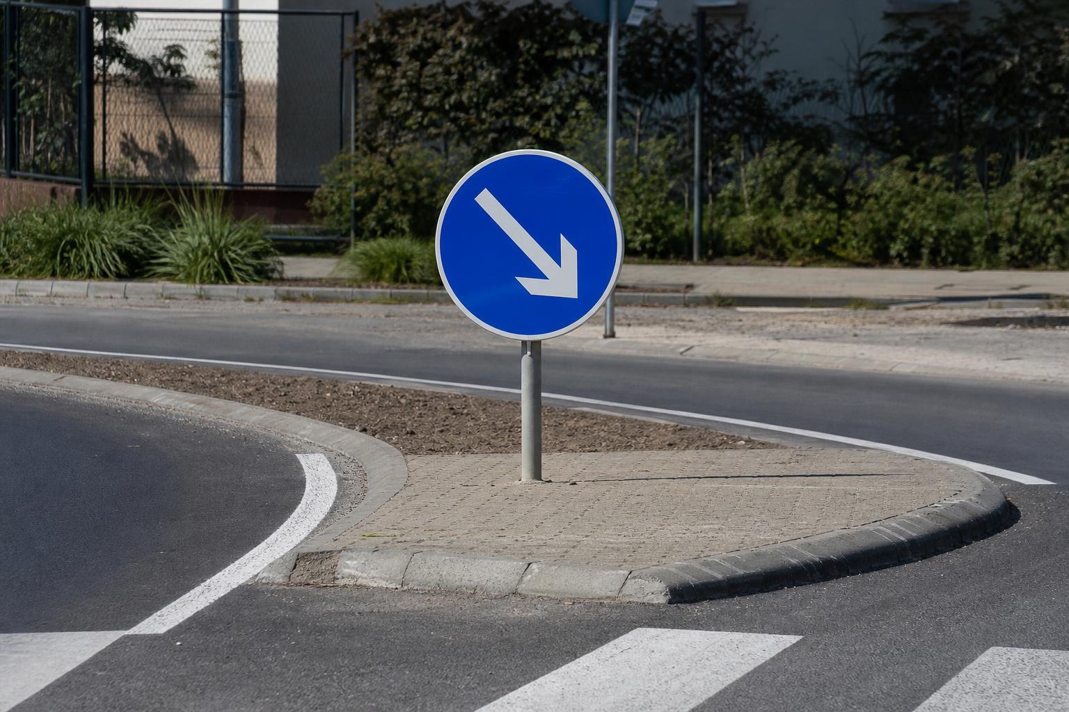 Kék, kör alakú kikerülési irányt jelző tábla egy forgalmi terelősziget mellett