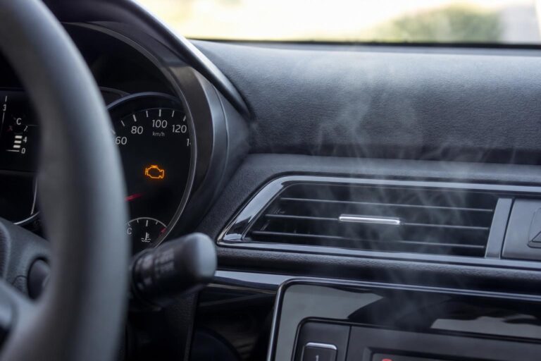 Autó műszerfala és szellőzőnyílásai kipufogógázszaggal kapcsolatos hibára utaló világító motorhiba-jelzéssel