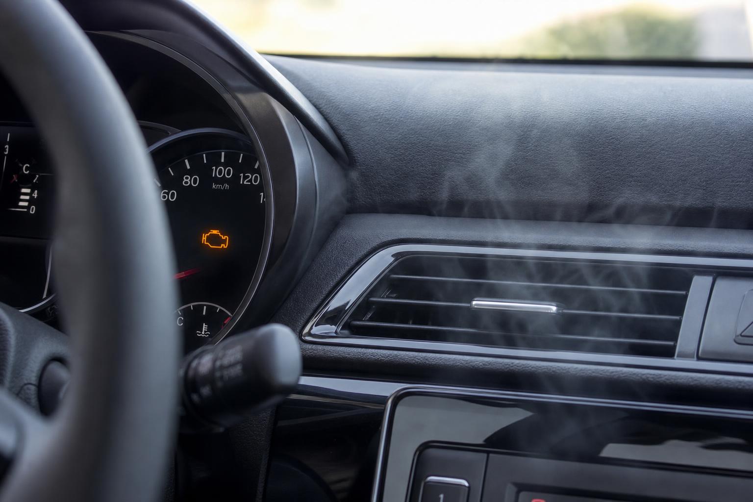 Autó műszerfala és szellőzőnyílásai kipufogógázszaggal kapcsolatos hibára utaló világító motorhiba-jelzéssel