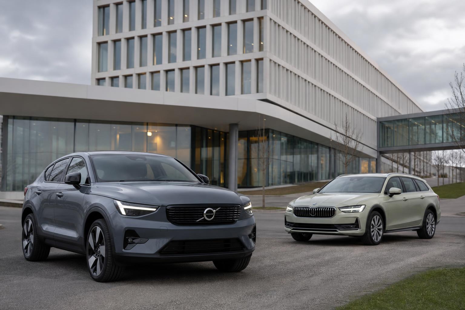 A Volvo és a Škoda vezetőváltását bemutató autóipari illusztráció