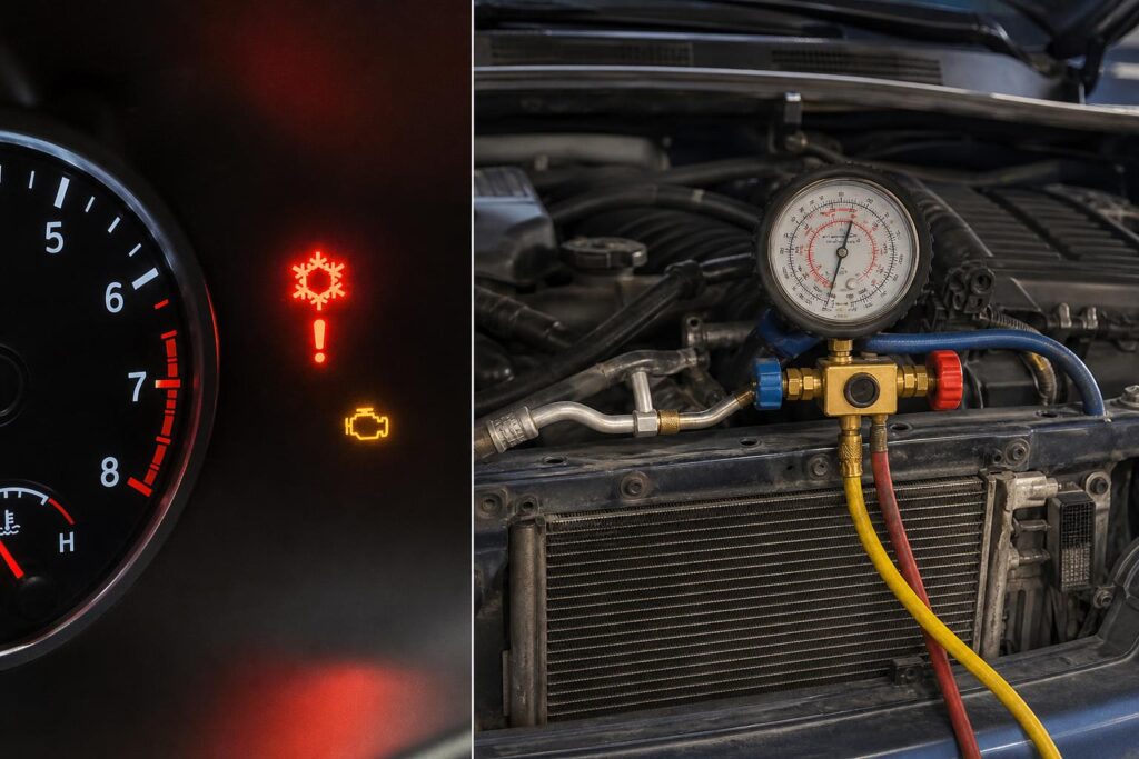 Autóklíma nyomásmérése az engine bayben, magas értéket mutató nyomásmérővel