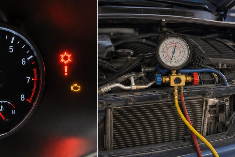 Autóklíma nyomásmérése az engine bayben, magas értéket mutató nyomásmérővel