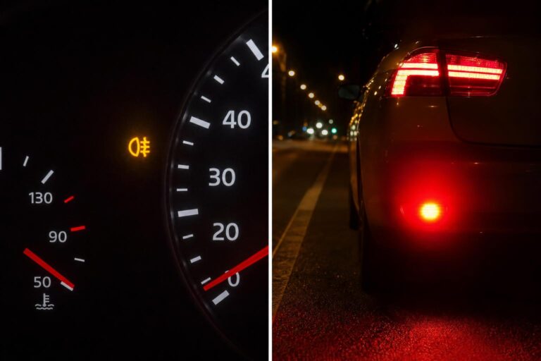 Autó bekapcsolt hátsó ködlámpával tiszta időben, éjszakai úton