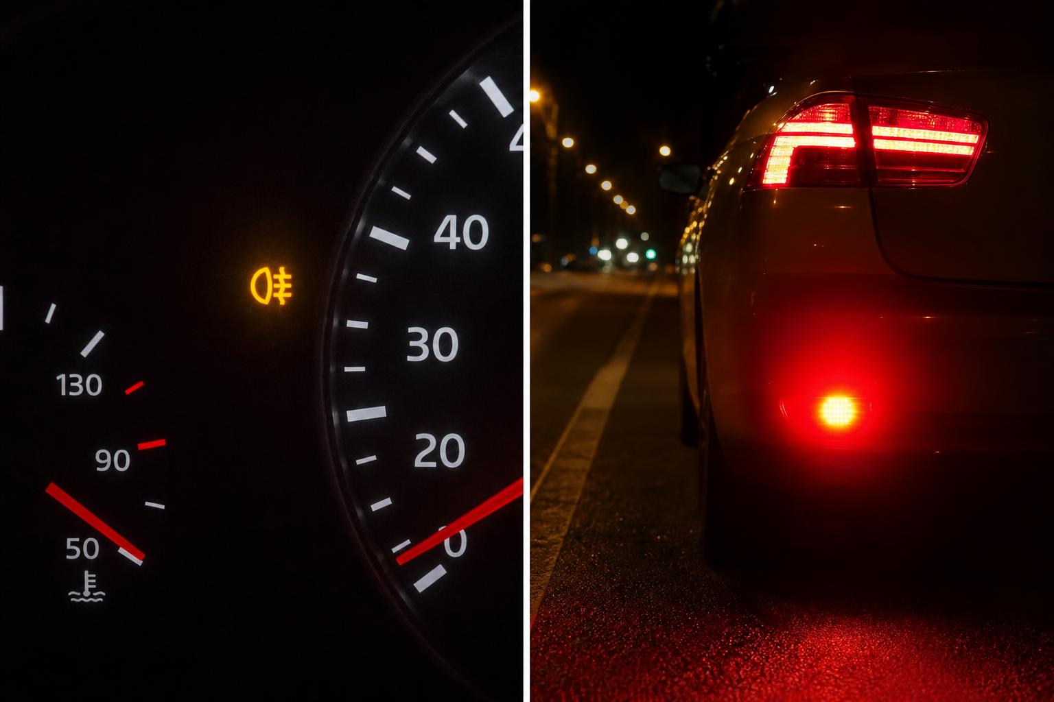 Autó bekapcsolt hátsó ködlámpával tiszta időben, éjszakai úton