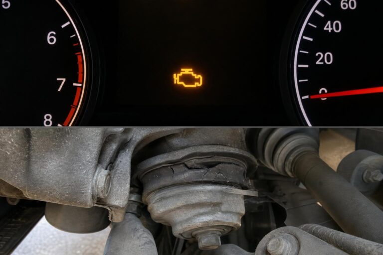 Kopott motortartó bak és a hozzá kapcsolódó hajtáslánc-alkatrészek egy autó eleje alatt