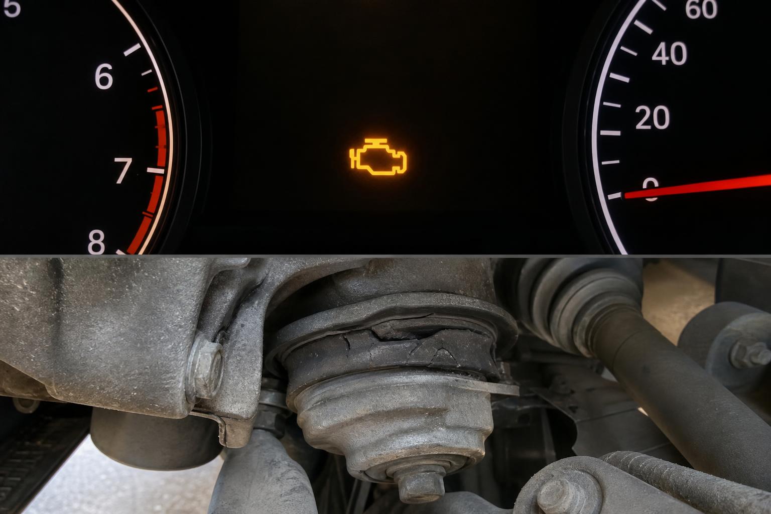Kopott motortartó bak és a hozzá kapcsolódó hajtáslánc-alkatrészek egy autó eleje alatt