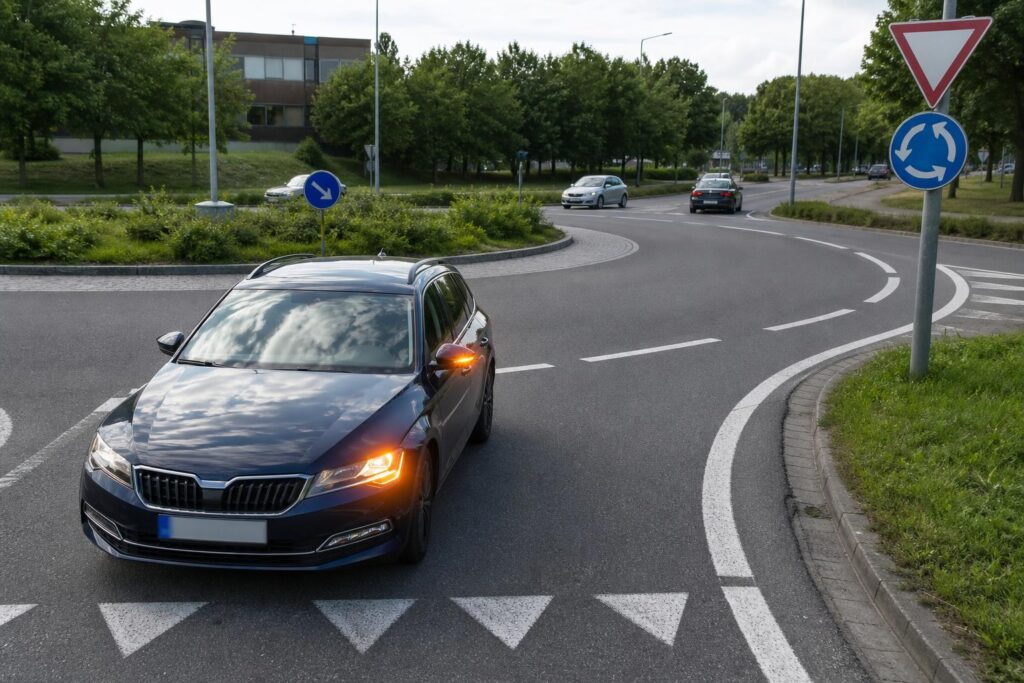 Autó jobbra indexelve hajt ki egy többsávos körforgalomból