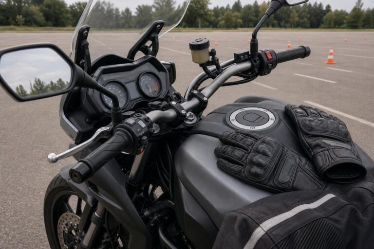 Modern nagymotorkerékpár műszerfala és kormánya gyakorlópályán, a korlátlan A kategóriás jogosítvány témájához