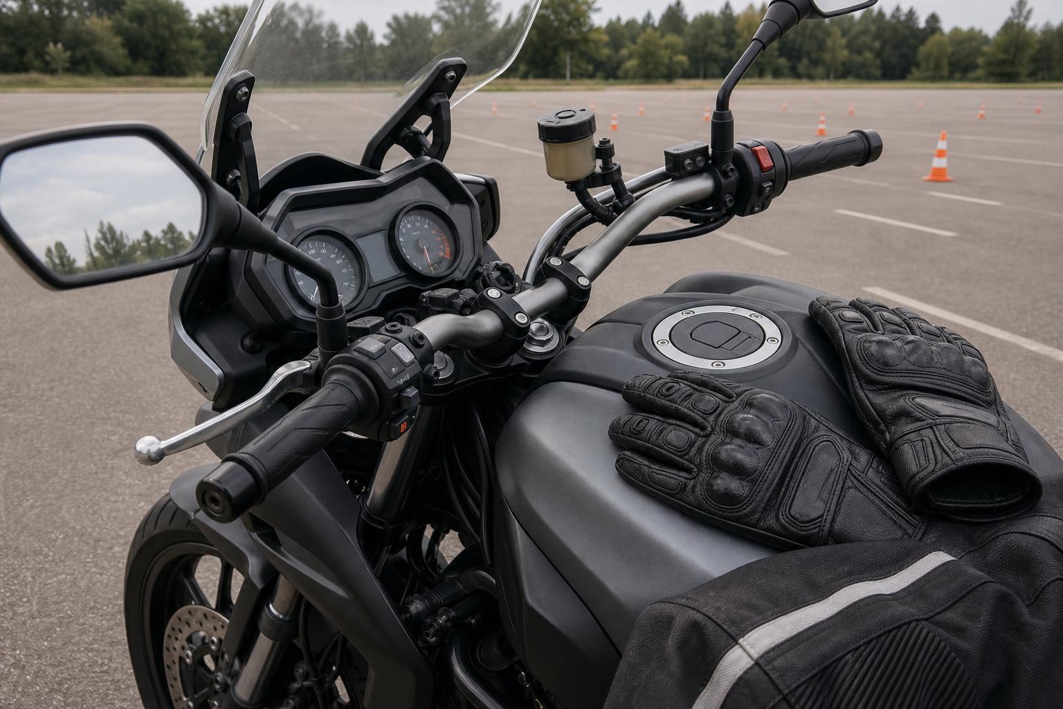 Modern nagymotorkerékpár műszerfala és kormánya gyakorlópályán, a korlátlan A kategóriás jogosítvány témájához