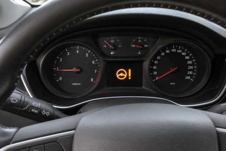 Autó műszerfala és kormánykereke kormányműhibára utaló gyári figyelmeztető ikonnal