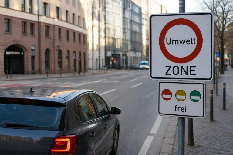 Autó egy városi környezetvédelmi behajtási korlátozást jelző tábla előtt