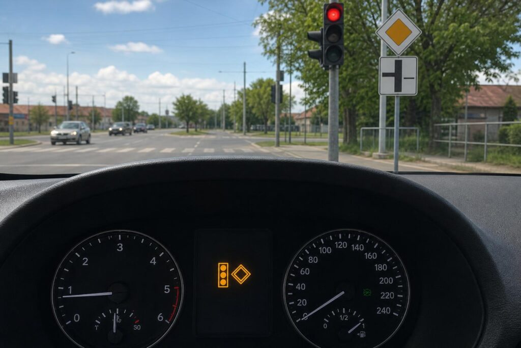 Piros közlekedési lámpa és elsőbbségi útvonalat jelző tábla egy városi kereszteződésben