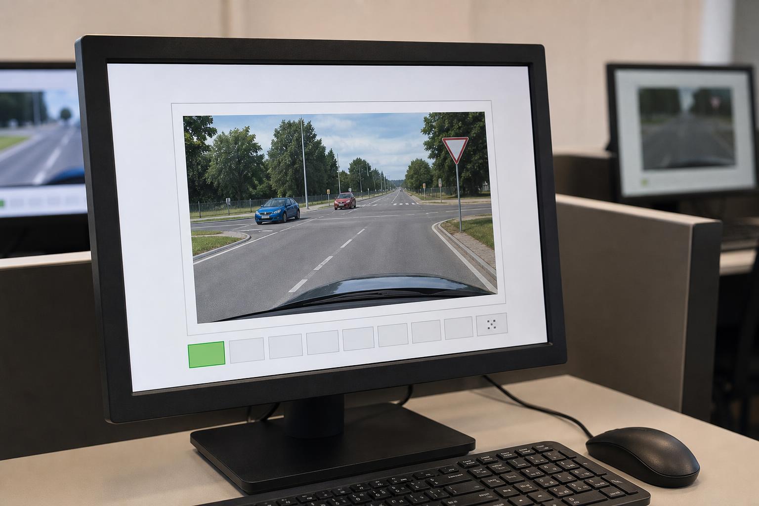 Számítógépes KRESZ-elméleti vizsga közlekedési helyzetet ábrázoló képernyővel