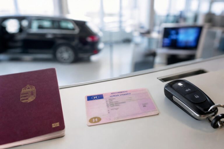 Magyar vezetői engedély, útlevél és bérautó kulcsa egy autókölcsönző pultjánál