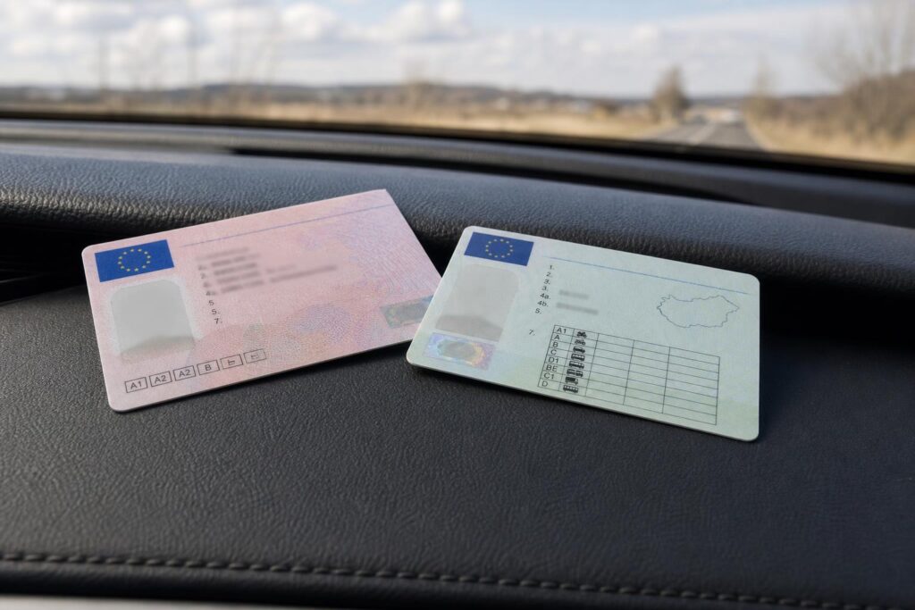 Külföldi és magyar vezetői engedély egy autó műszerfalán a honosítás témájához