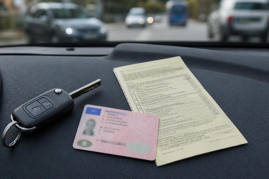 Magyar jogosítvány és külföldi közlekedési szabálysértésről szóló hivatalos értesítés egy autó műszerfalán