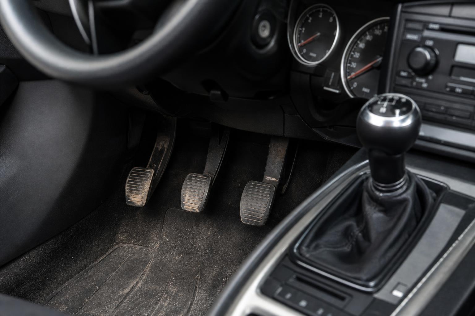 Kézi sebességváltós autó kuplungpedálja és sebességváltója közeli, élethű felvételen