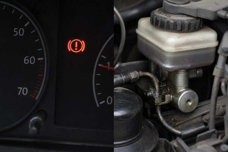 Hidraulikus kuplungfolyadék-tartály és szivárgó csatlakozás egy autó motorterében
