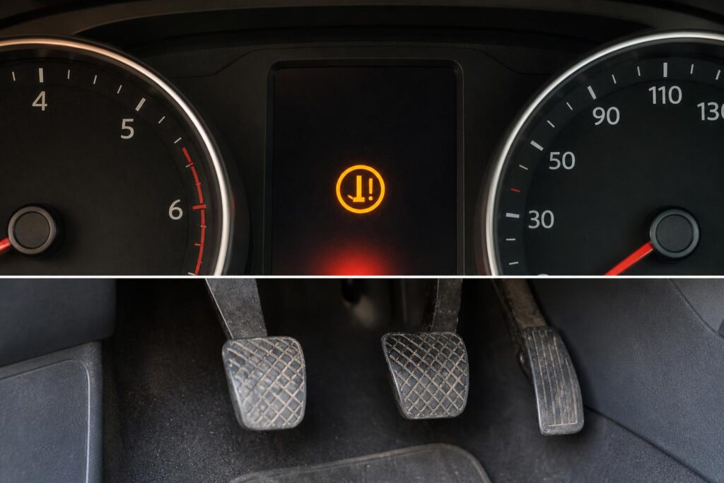 Közeli, élethű fotó egy autó kuplungpedáljáról és a pedálmechanikáról