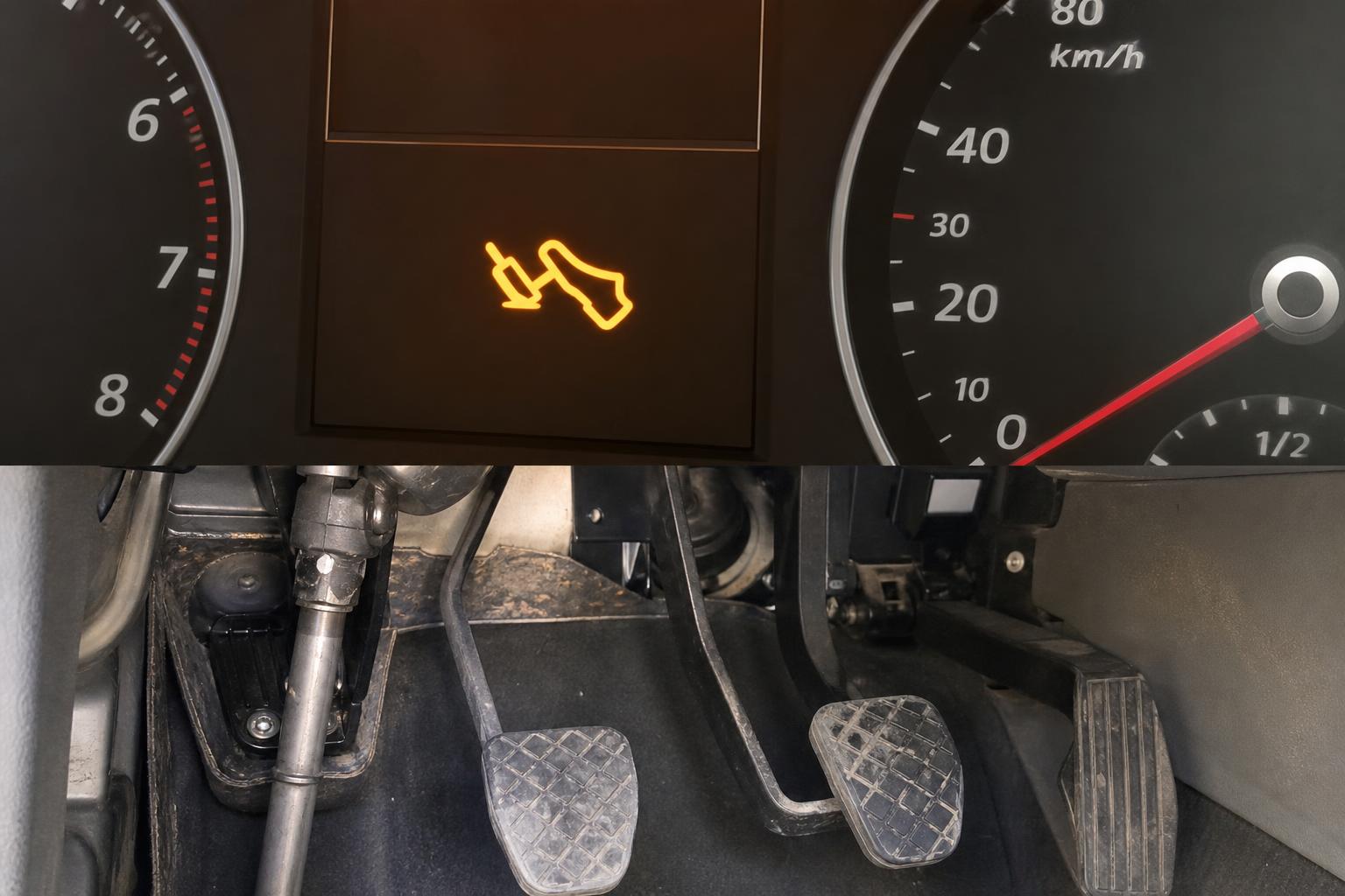 Autó kuplungpedáljának közeli, élethű képe a pedálmechanikával és a környező burkolattal