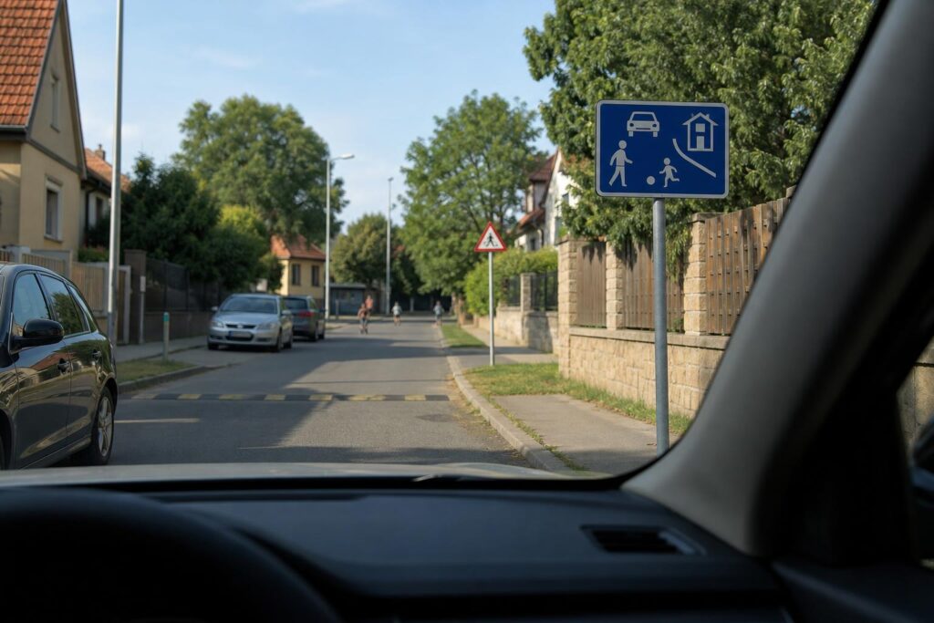 Lakó-pihenő övezet kezdetét jelző tábla csendes lakóutcában, az úton gyalogosokkal