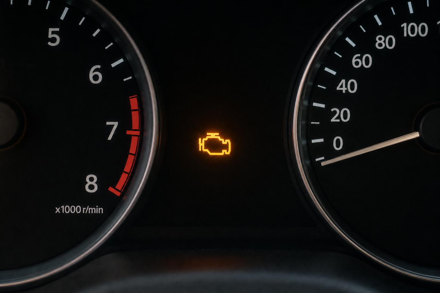 Autó műszerfala világító motorhiba-jelző ikonnal lambda-szonda hibájára utaló tüneteknél