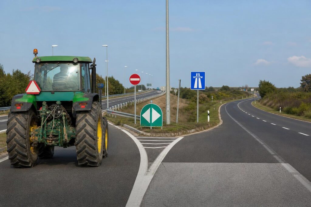 Lassú mezőgazdasági jármű egy autópálya-felhajtó közelében, ahol nem hajthat fel