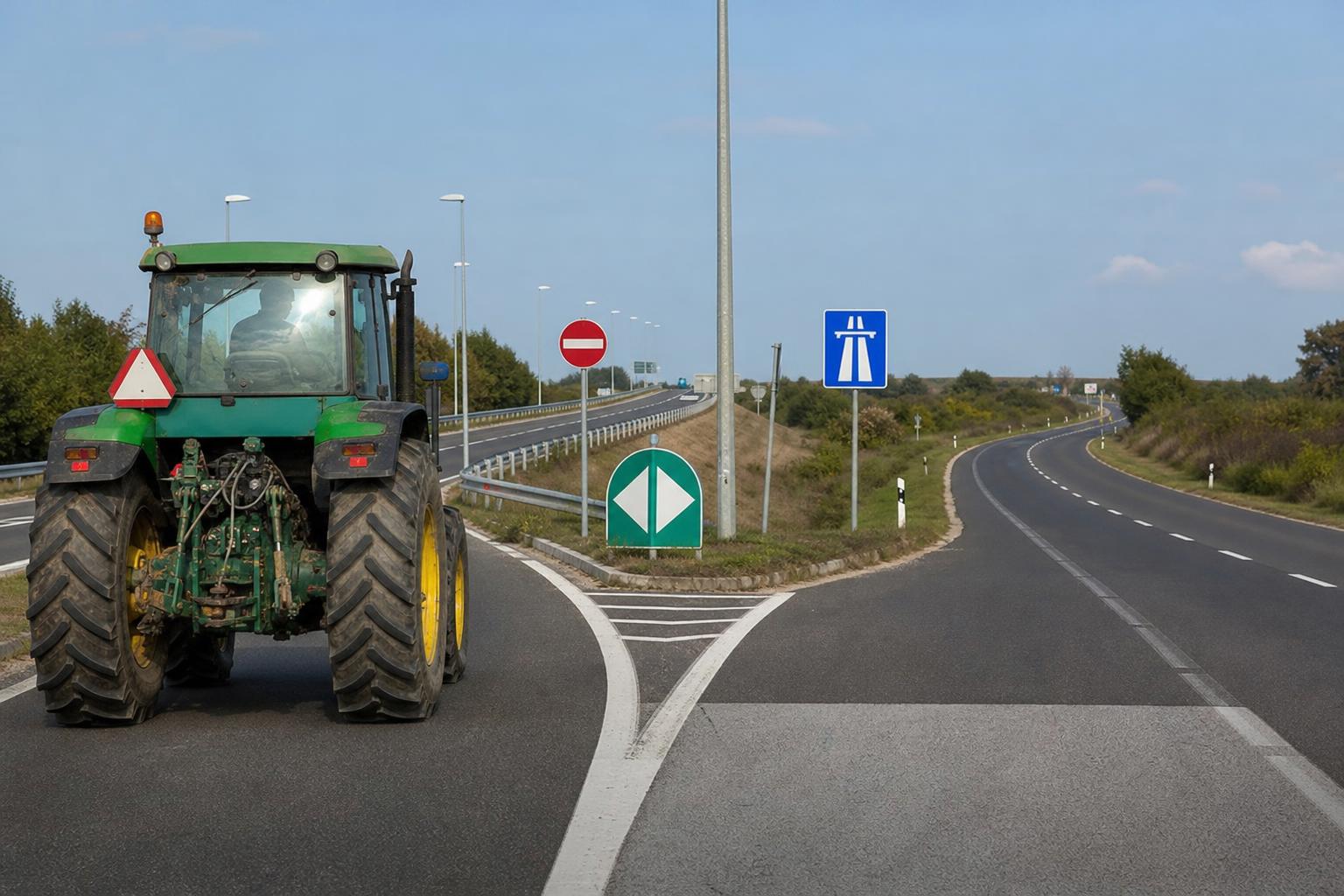 Lassú mezőgazdasági jármű egy autópálya-felhajtó közelében, ahol nem hajthat fel