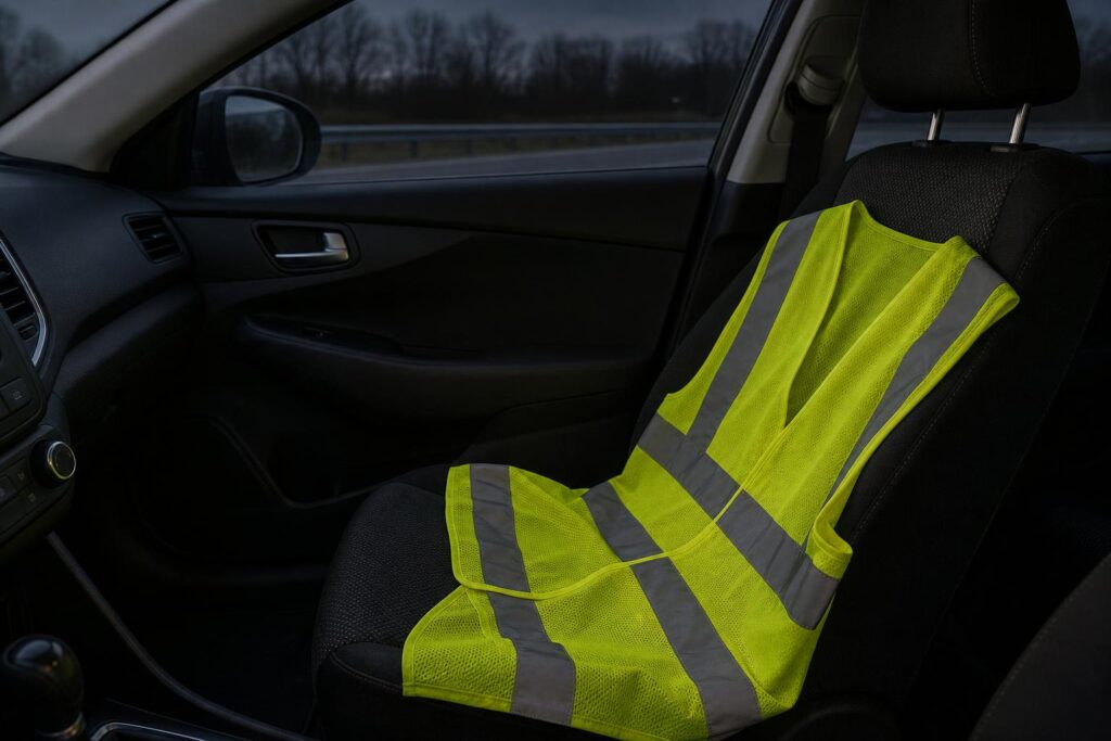 Fluoreszkáló sárga láthatósági mellény fényvisszaverő csíkokkal egy autó első utasülésén