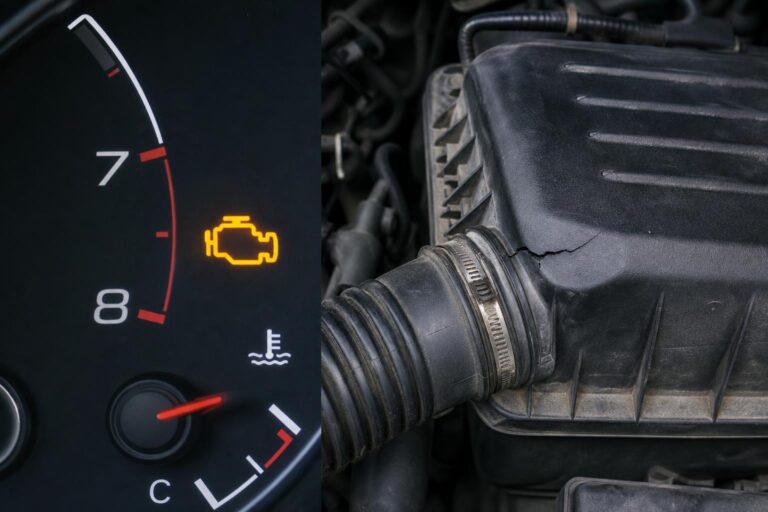 Repedt fekete műanyag levegőszűrőház egy autó motorterében