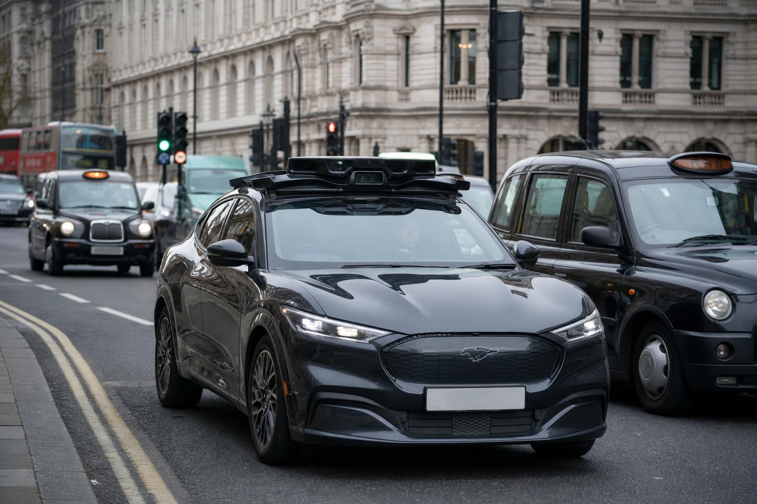 Önvezető Ford Mustang Mach-E London utcáján fekete taxik között