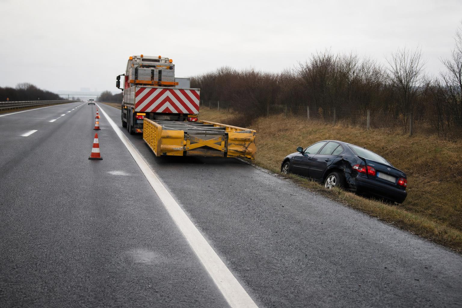 Ütközött autó az M1-es autópálya energiaelnyelője és egy kamion közelében