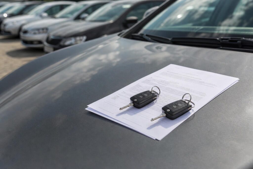 Használt autó adásvételi szerződése és kulcsai egy ellenőrzésre váró autó motorháztetején