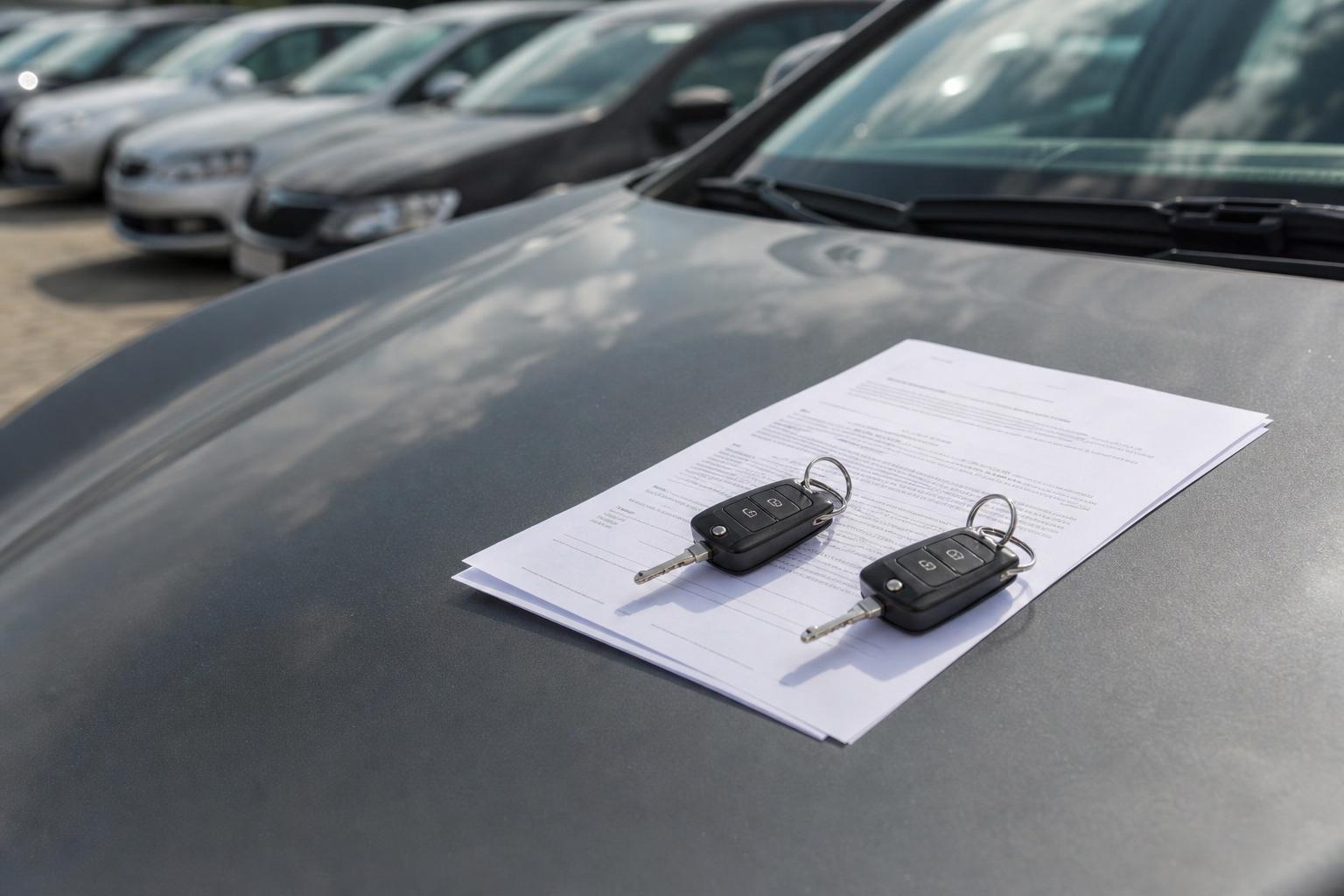 Használt autó adásvételi szerződése és kulcsai egy ellenőrzésre váró autó motorháztetején