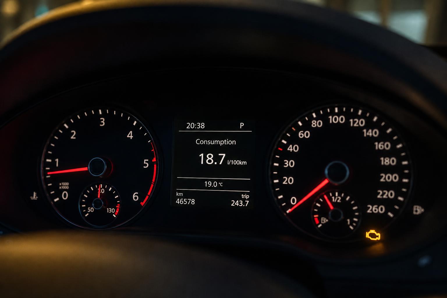Autó műszerfala magas fogyasztást jelző kijelzéssel és világító motorhiba-visszajelzővel